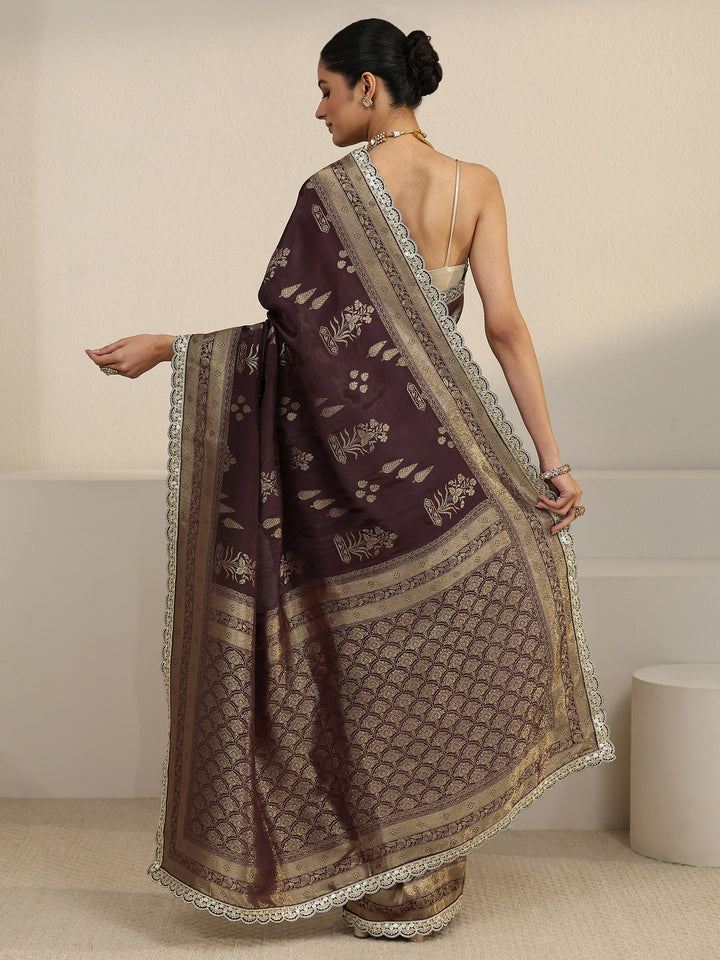 Libas Art Brown Floral and Leafy Woven Design Satin Saree