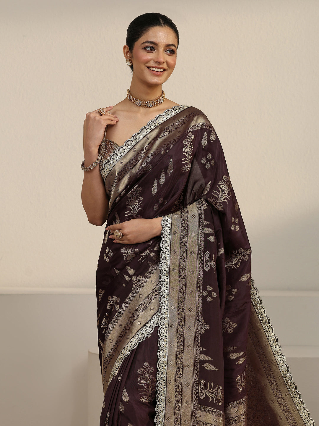 Libas Art Brown Floral and Leafy Woven Design Satin Saree