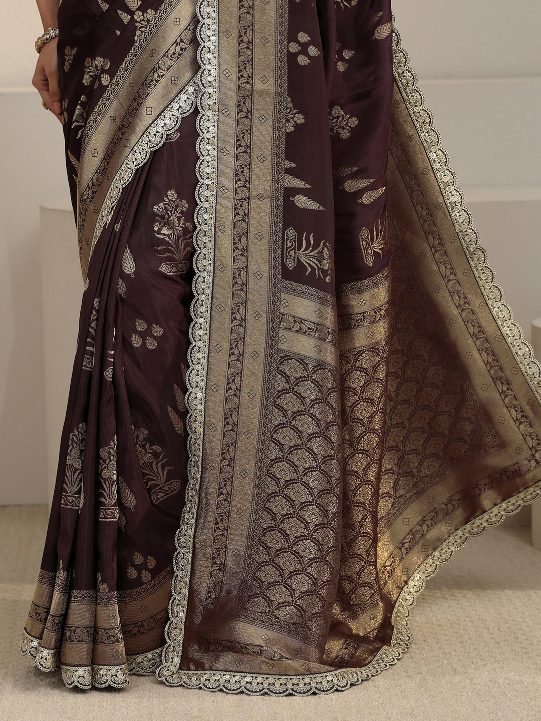 Libas Art Brown Floral and Leafy Woven Design Satin Saree