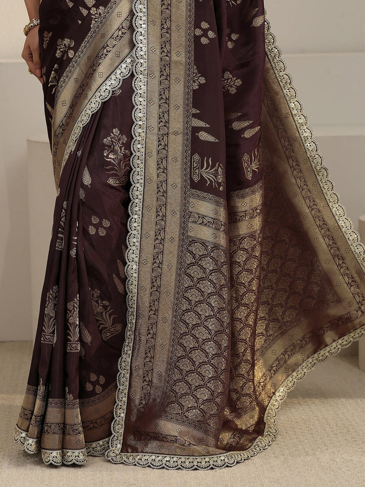 Libas Art Brown Floral and Leafy Woven Design Satin Saree