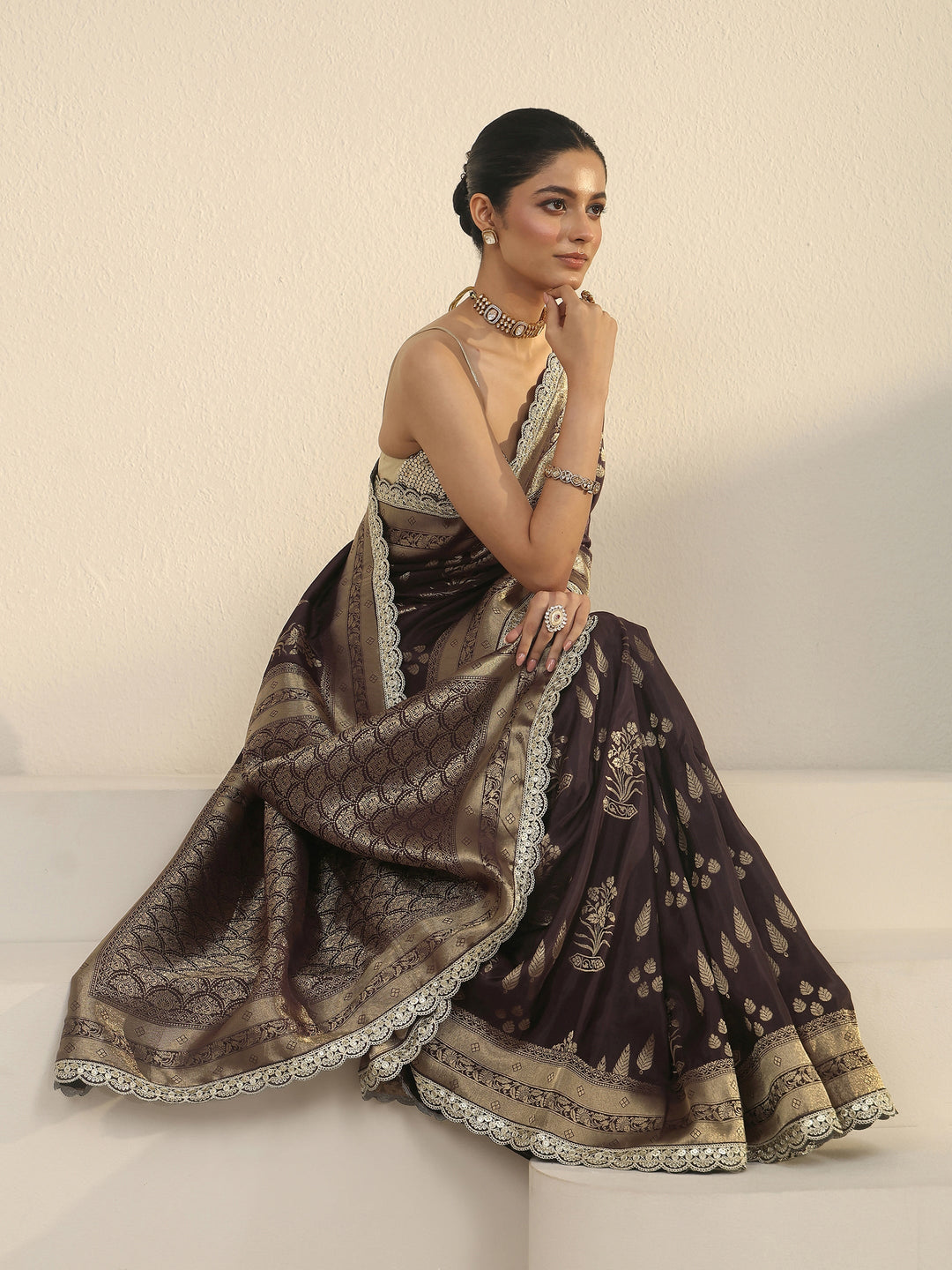 Libas Art Brown Floral and Leafy Woven Design Satin Saree