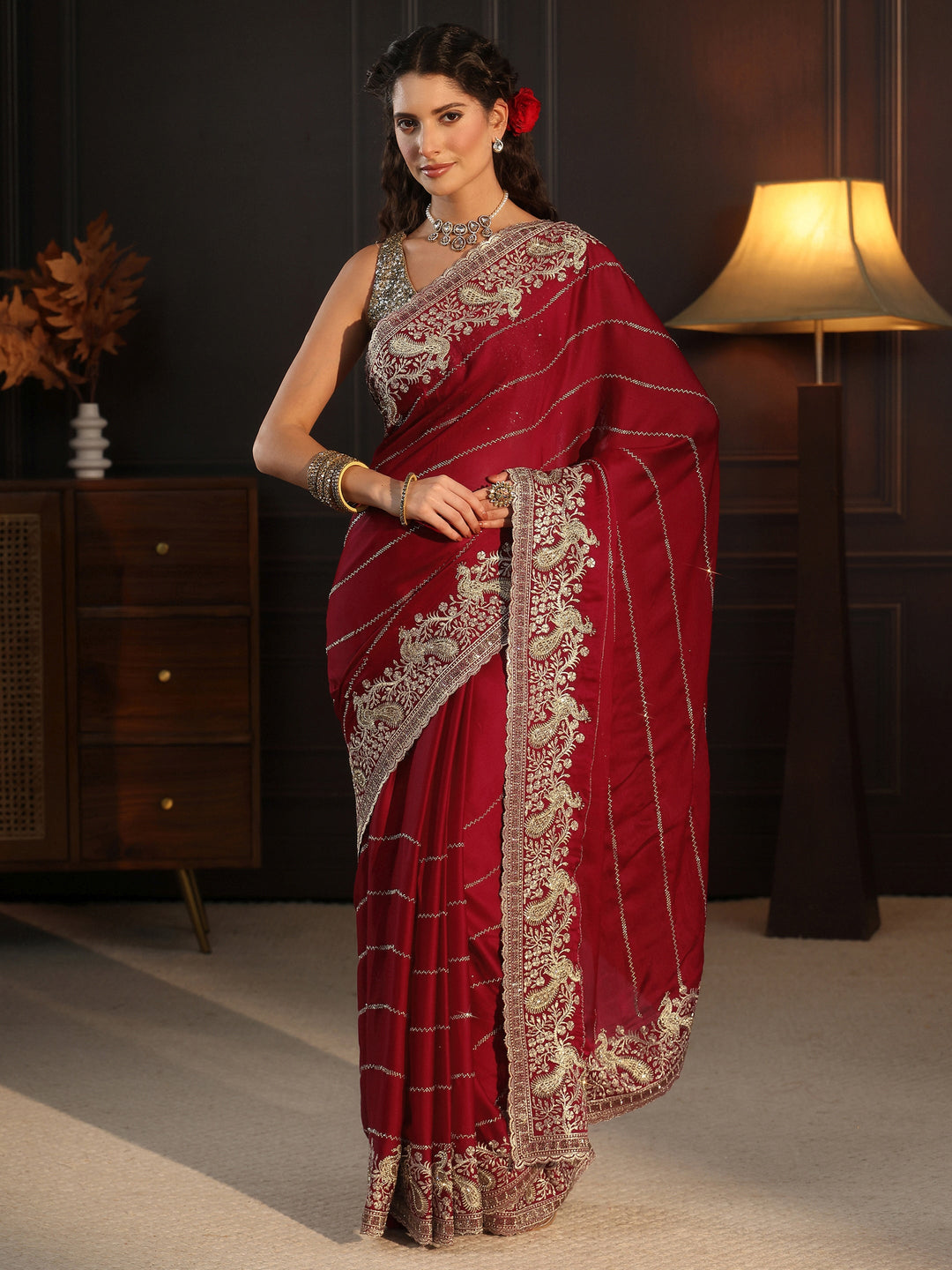 Libas Art Red Striped Chiffon Saree with Paisley Border