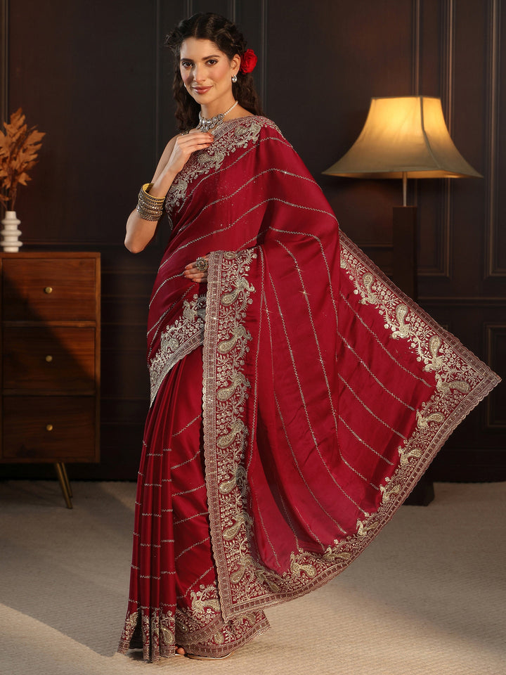 Libas Art Red Striped Chiffon Saree with Paisley Border