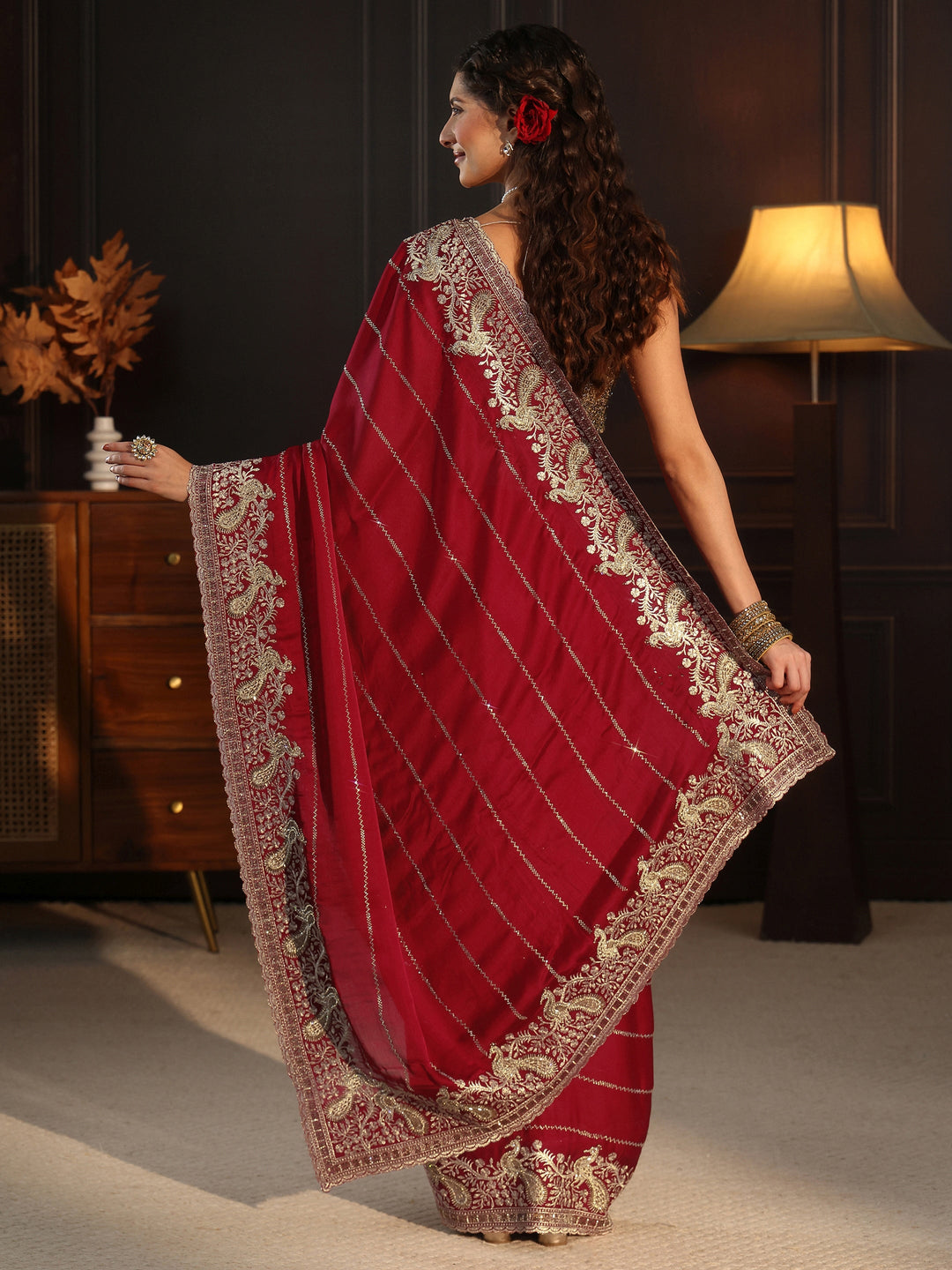Libas Art Red Striped Chiffon Saree with Paisley Border