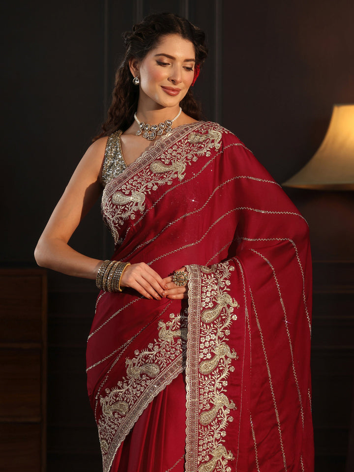 Libas Art Red Striped Chiffon Saree with Paisley Border