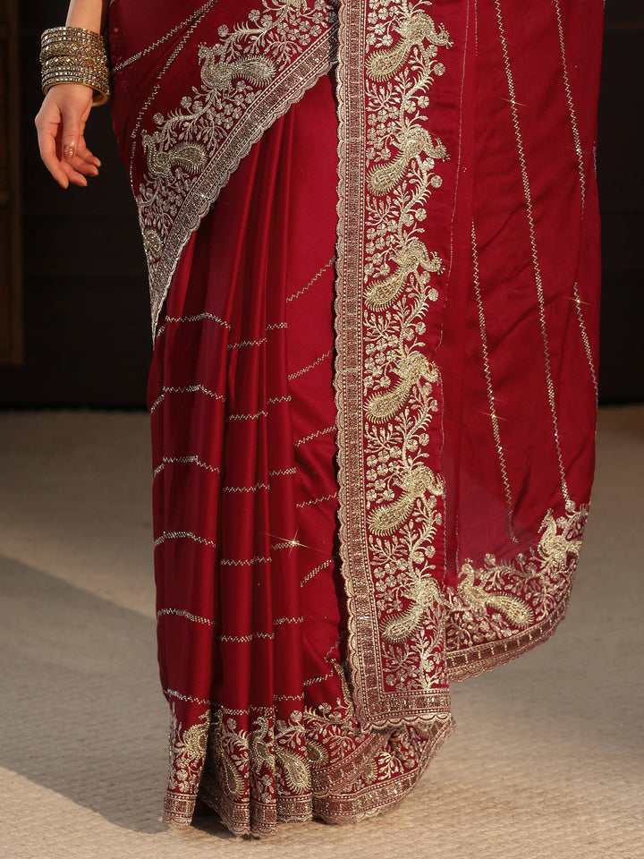 Libas Art Red Striped Chiffon Saree with Paisley Border