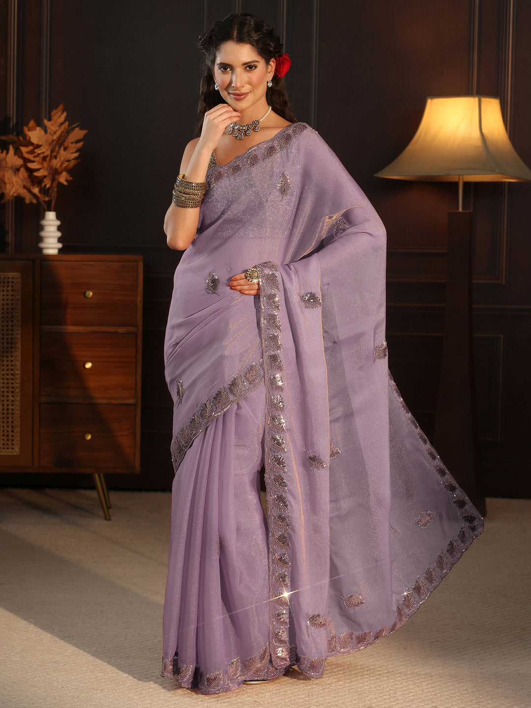 Libas Art Lavender Sequin Embellished Tissue Saree