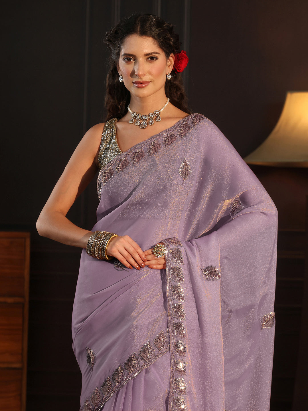 Libas Art Lavender Sequin Embellished Tissue Saree
