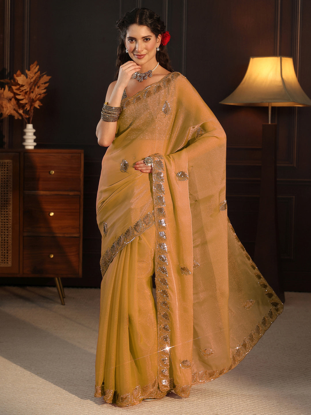 Libas Art Light Green Sequin Embellished Tissue Saree