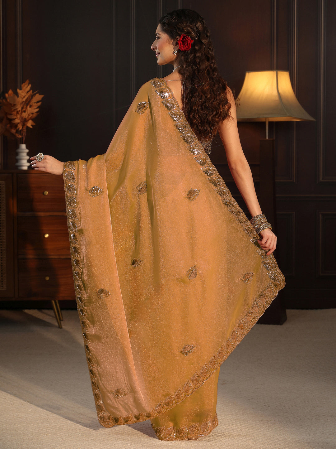 Libas Art Light Green Sequin Embellished Tissue Saree