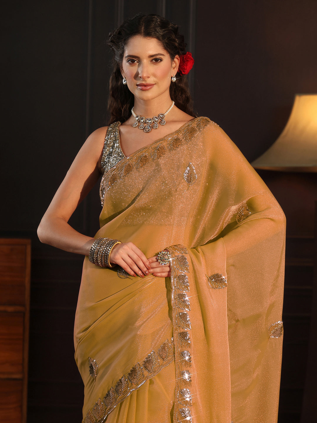 Libas Art Light Green Sequin Embellished Tissue Saree