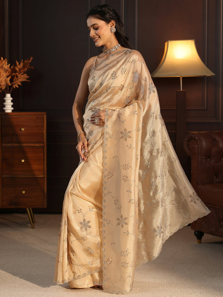 Libas Art Golden Floral Stone Work Embellished Tissue Saree