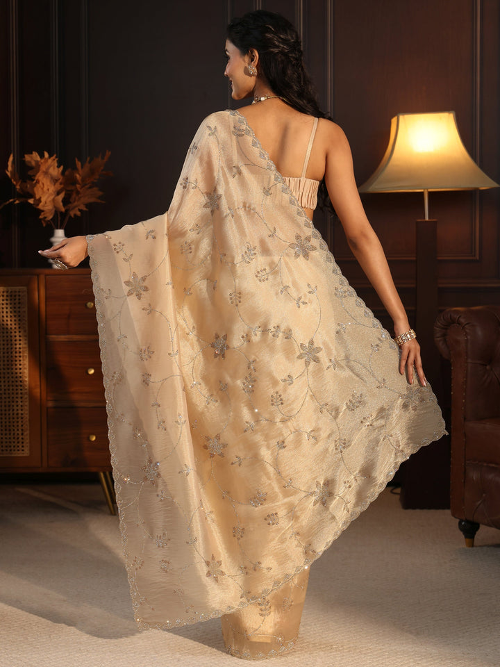 Libas Art Golden Floral Stone Work Embellished Tissue Saree