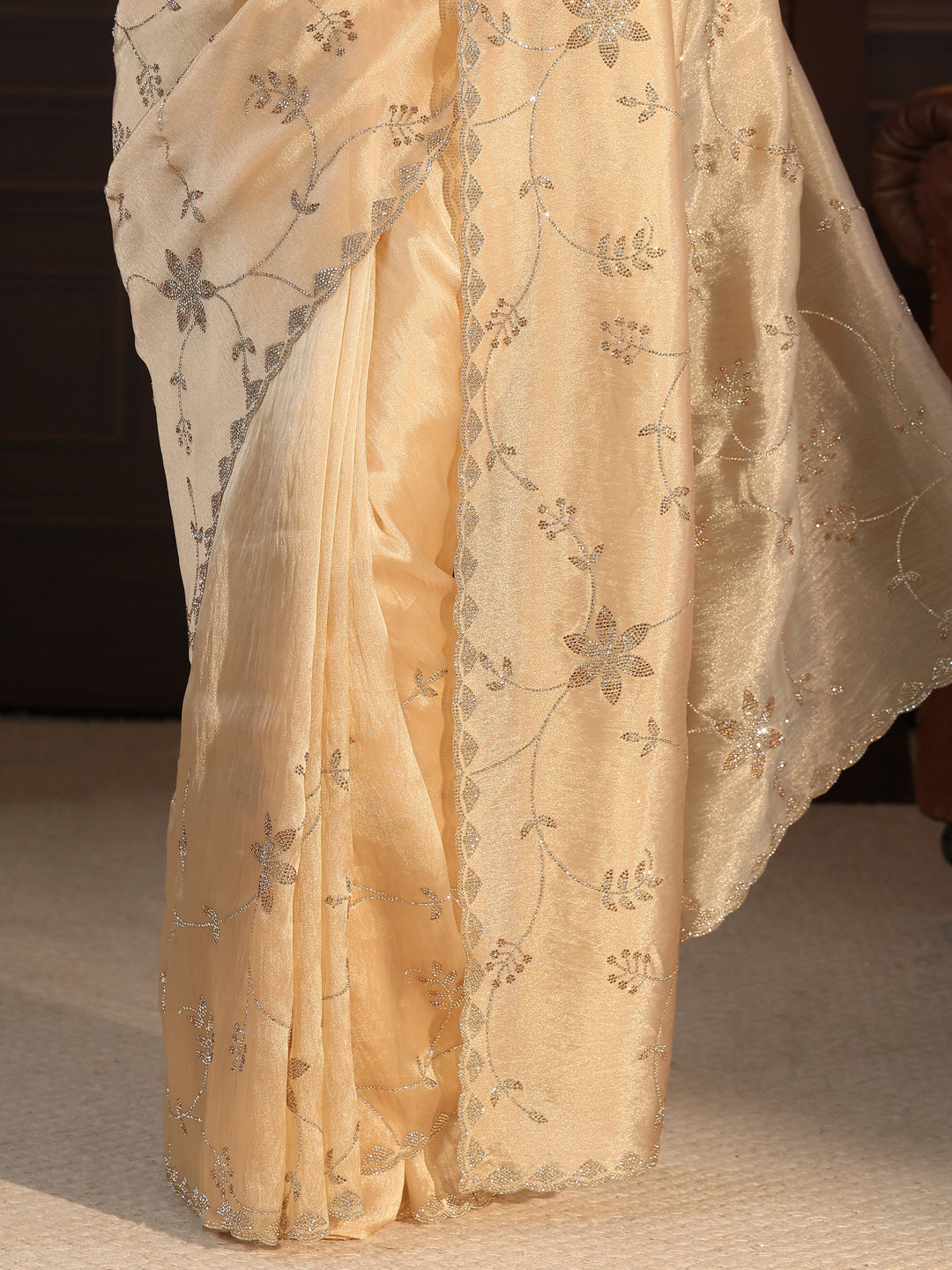 Libas Art Golden Floral Stone Work Embellished Tissue Saree