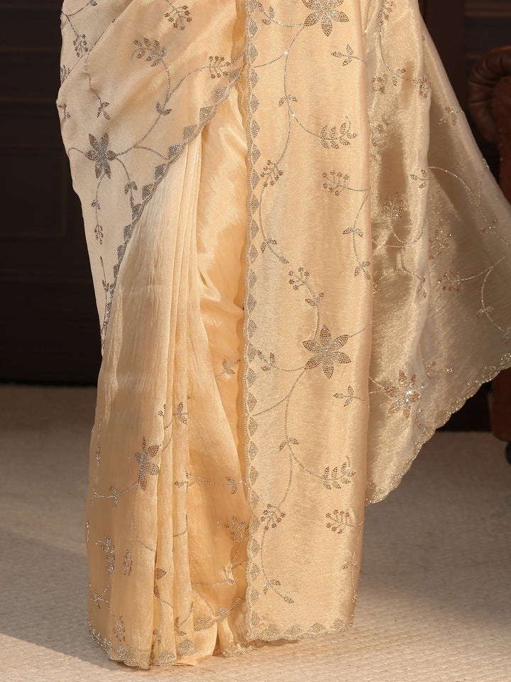 Libas Art Golden Floral Stone Work Embellished Tissue Saree