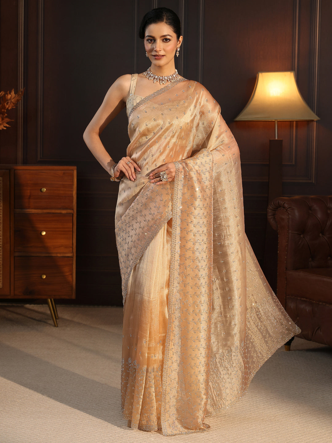 Libas Art Golden Leafy Stone Work Embellished Tissue Saree