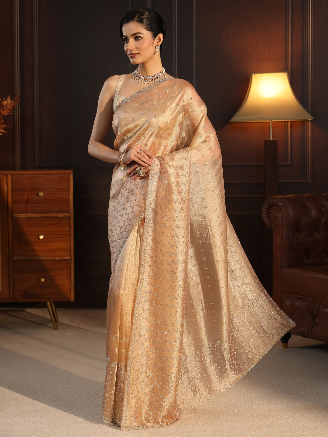 Libas Art Golden Leafy Stone Work Embellished Tissue Saree