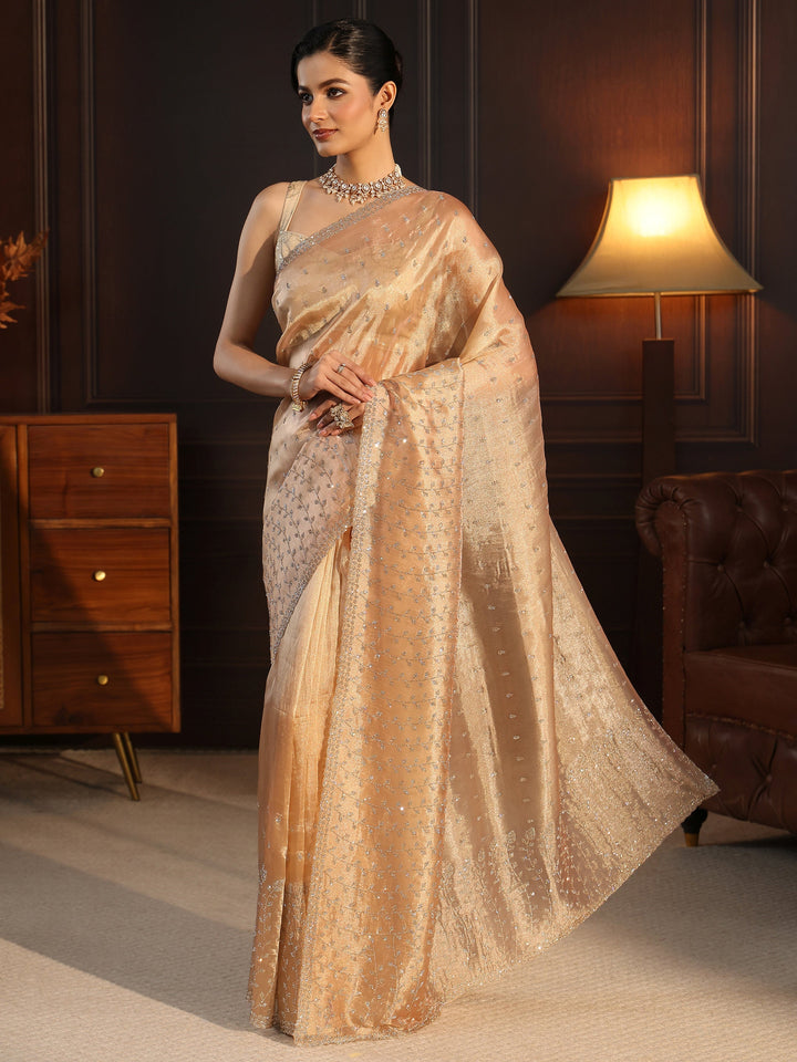 Libas Art Golden Leafy Stone Work Embellished Tissue Saree