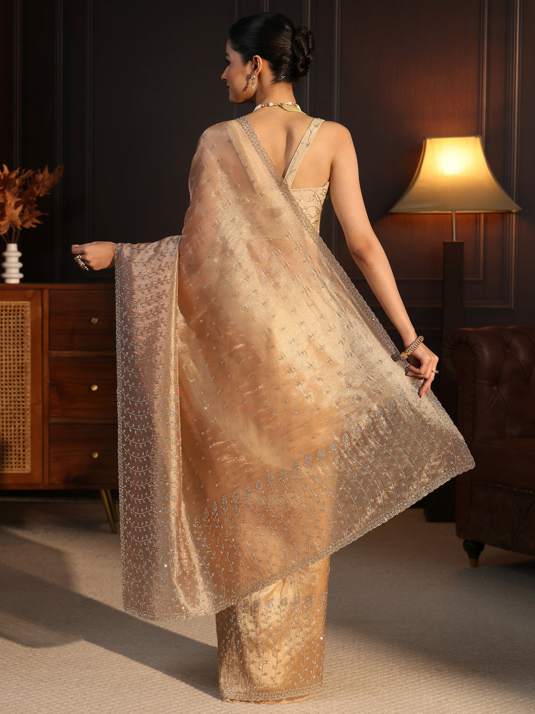 Libas Art Golden Leafy Stone Work Embellished Tissue Saree