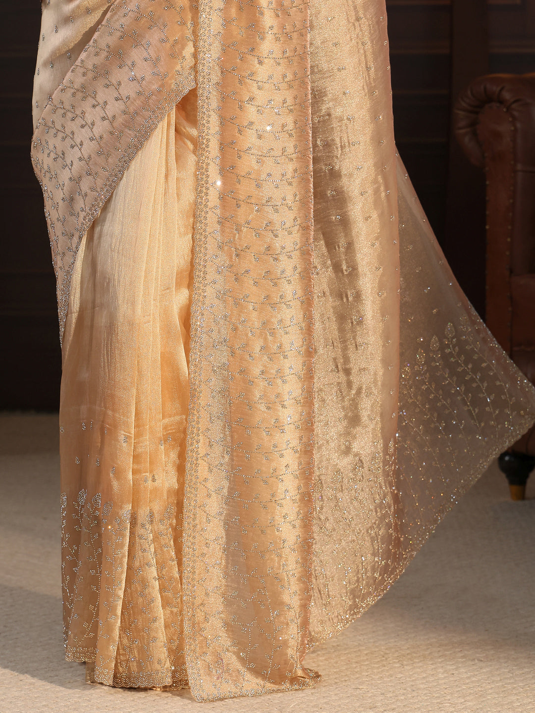 Libas Art Golden Leafy Stone Work Embellished Tissue Saree
