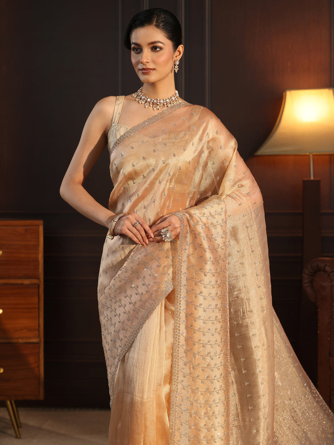 Libas Art Golden Leafy Stone Work Embellished Tissue Saree