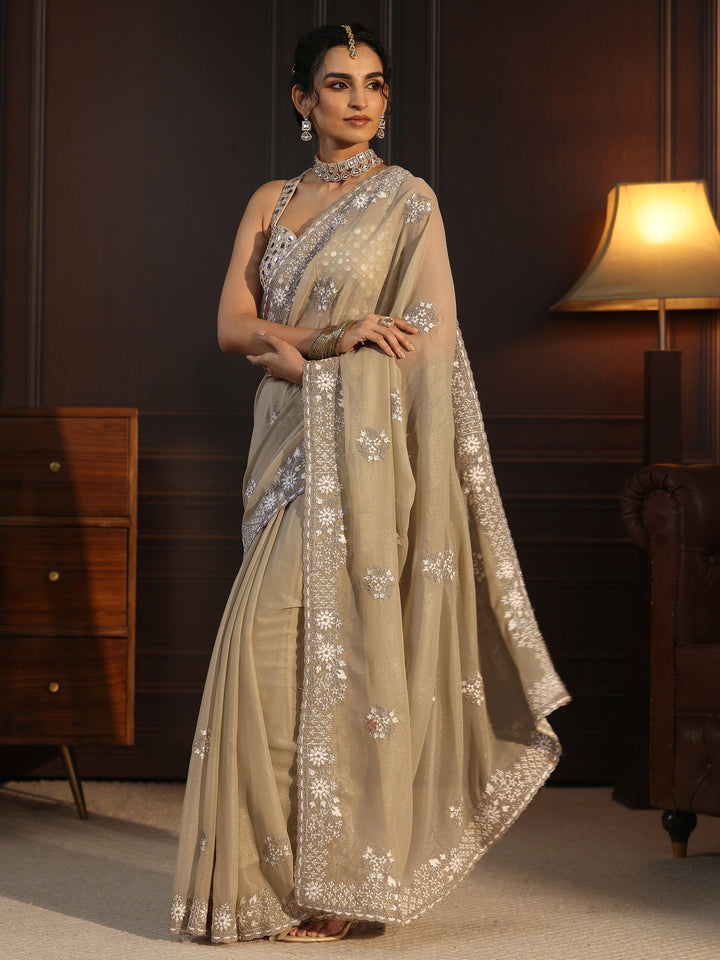 Libas Green Floral Embroidered Georgette Saree