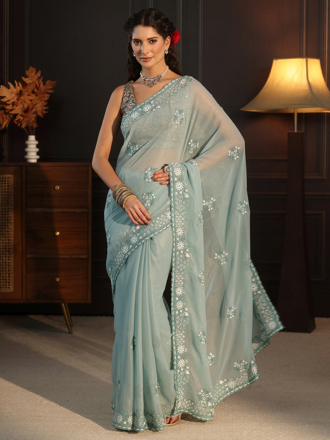 Libas Aqua Blue Floral Embroidered Georgette Saree