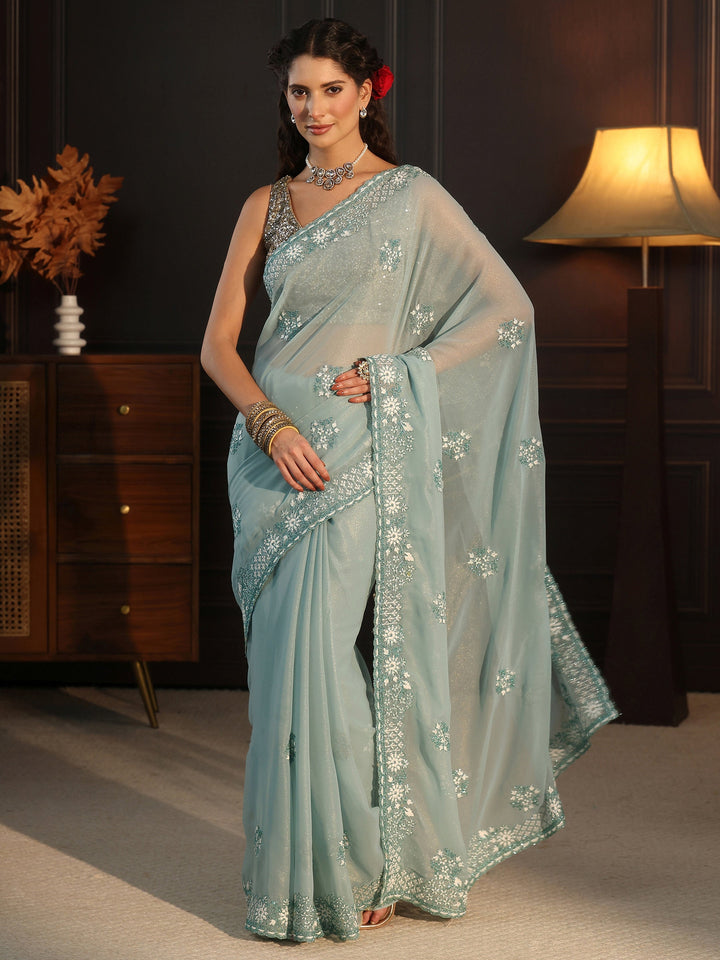 Libas Aqua Blue Floral Embroidered Georgette Saree