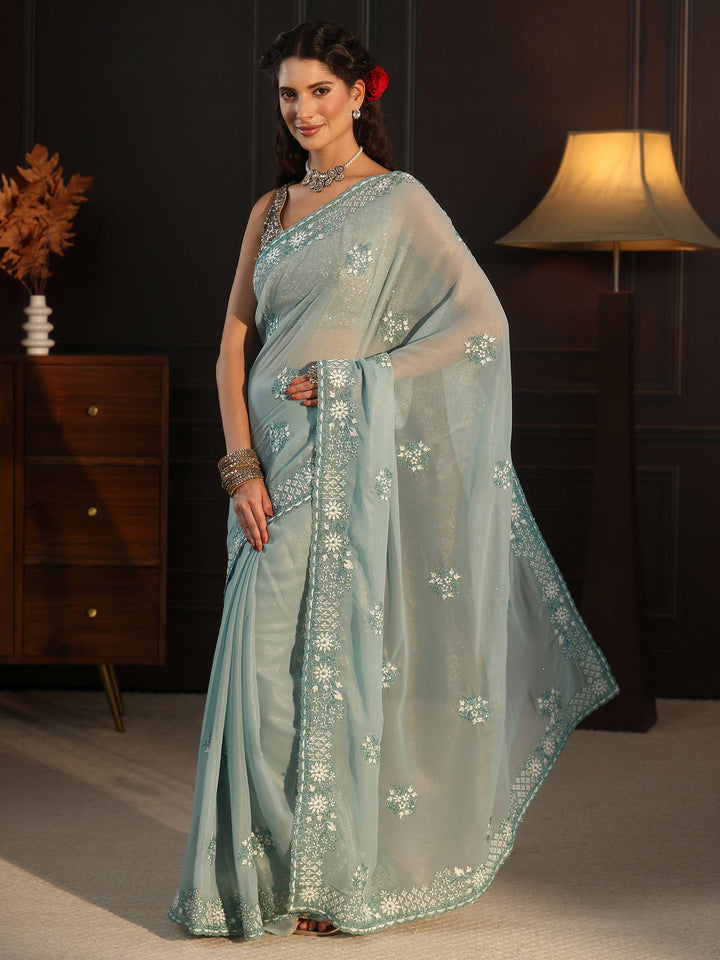 Libas Aqua Blue Floral Embroidered Georgette Saree
