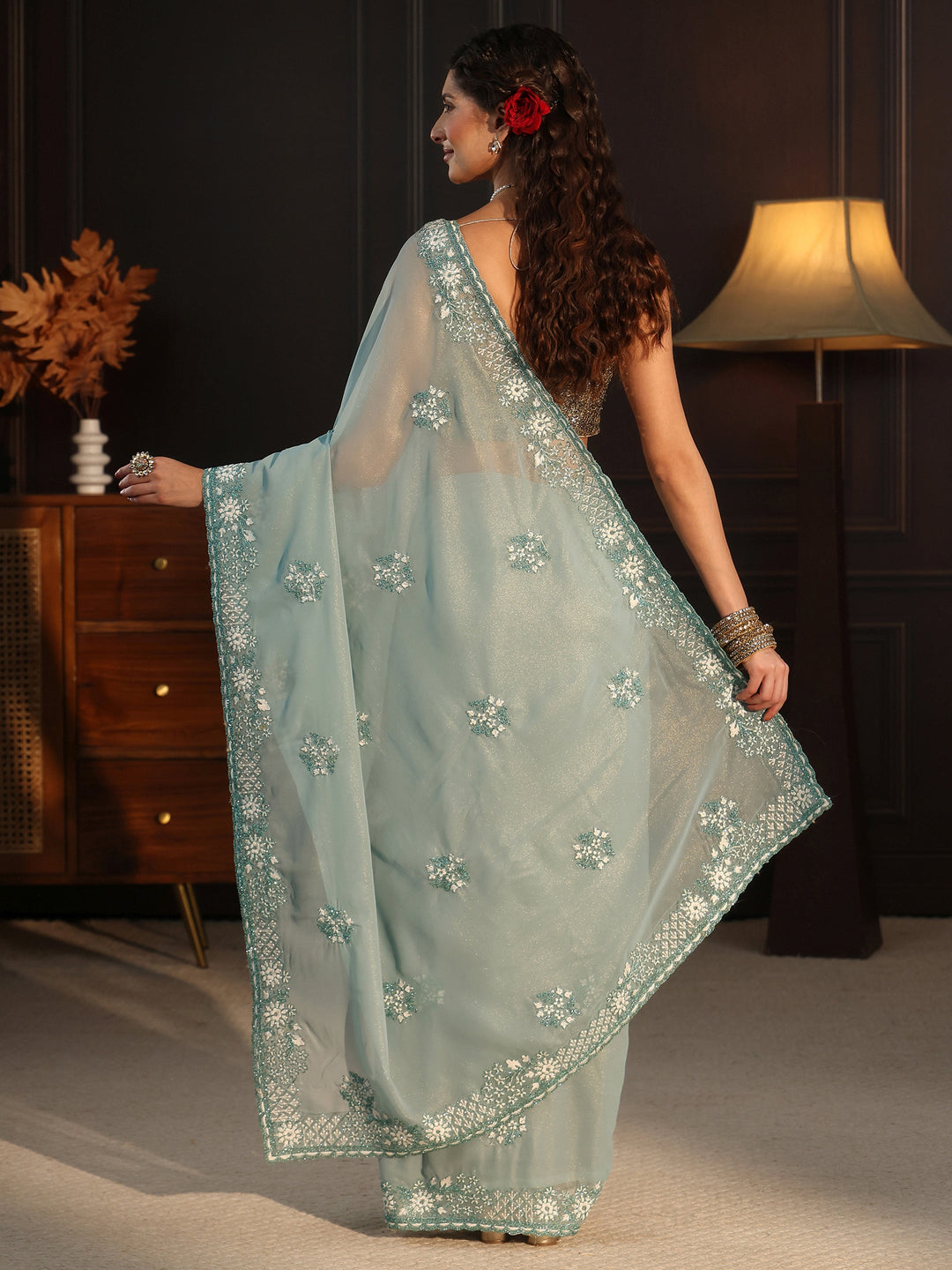 Libas Aqua Blue Floral Embroidered Georgette Saree