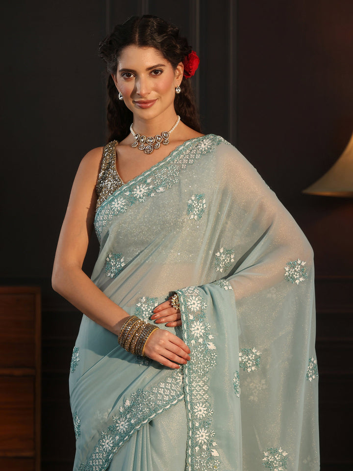 Libas Aqua Blue Floral Embroidered Georgette Saree