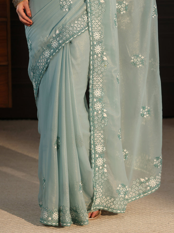 Libas Aqua Blue Floral Embroidered Georgette Saree