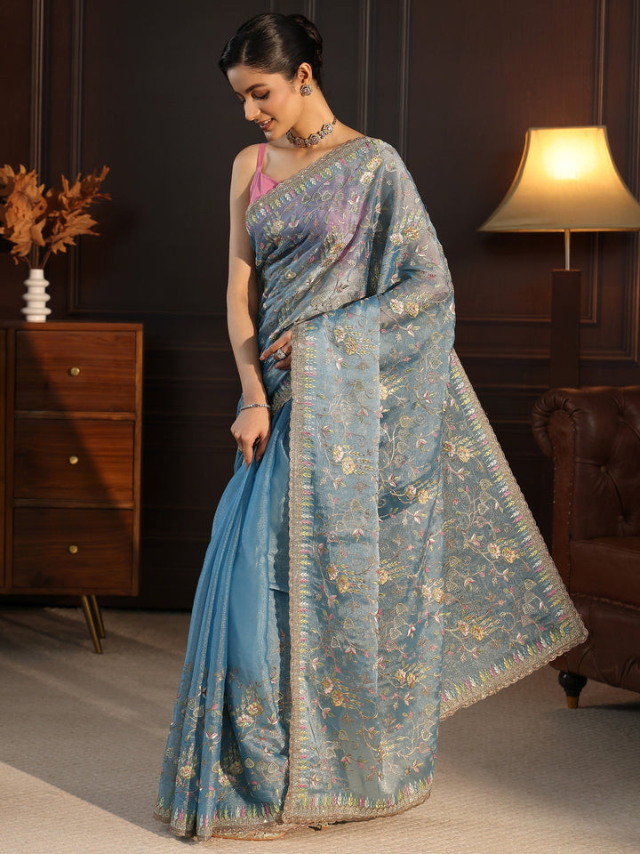 Libas Blue Floral Embroidered Tissue Saree