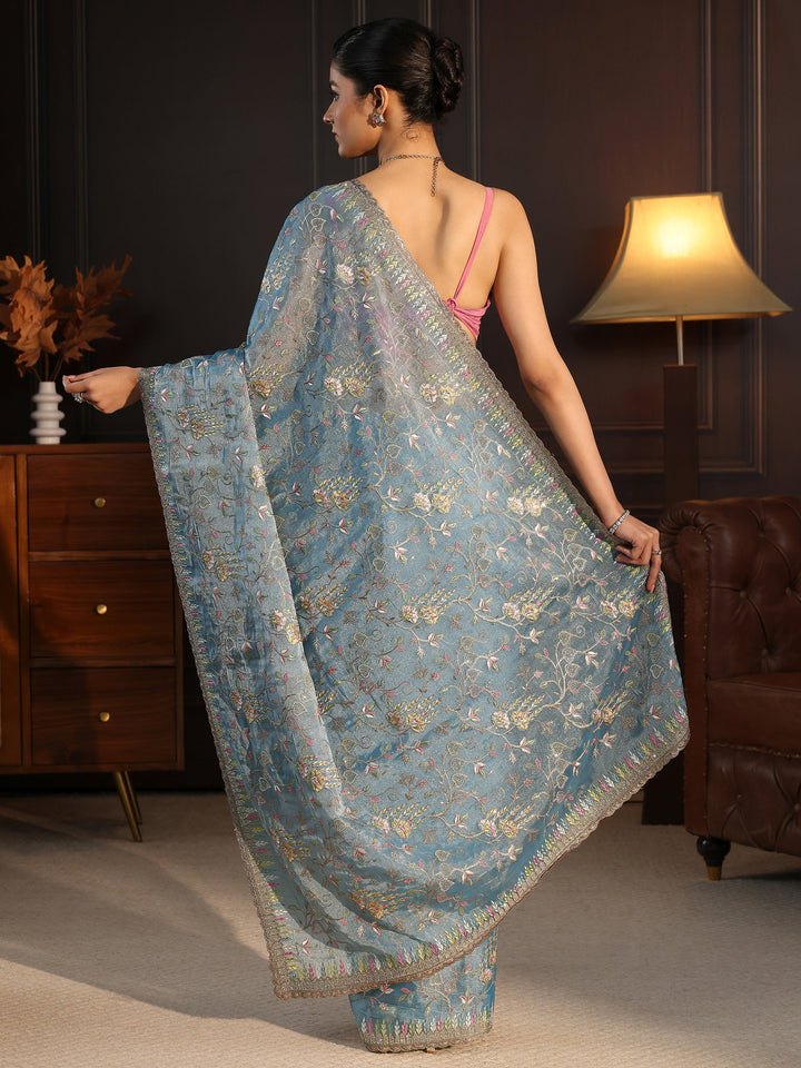 Libas Blue Floral Embroidered Tissue Saree
