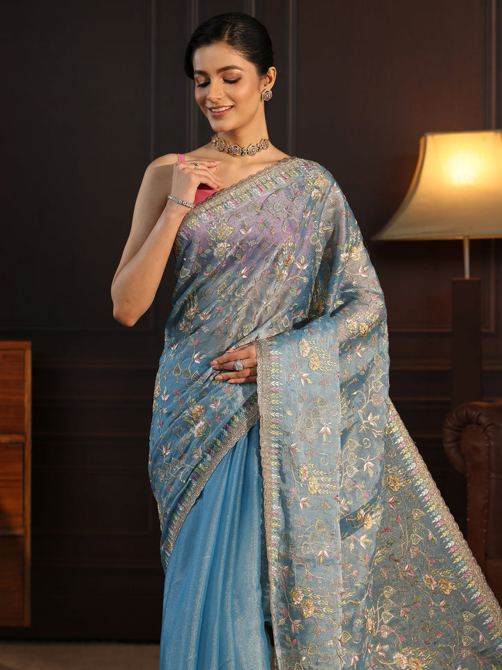 Libas Blue Floral Embroidered Tissue Saree