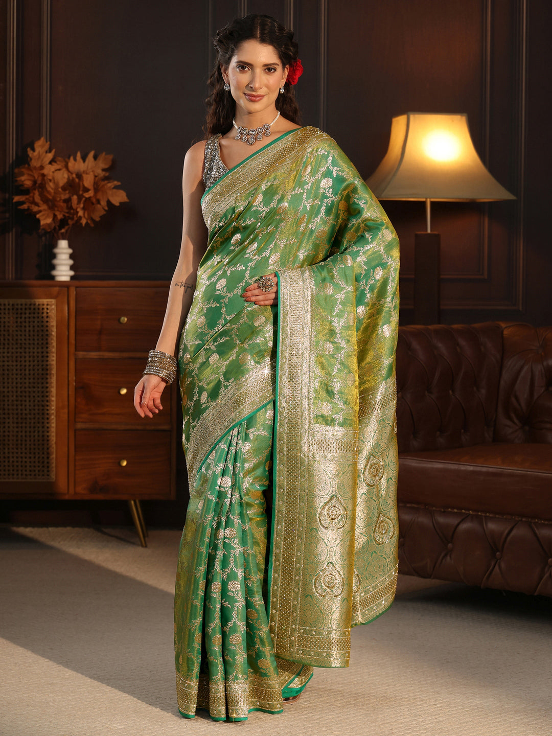 Libas Art Green Floral Woven Design Silk Blend Saree