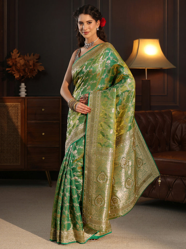 Libas Art Green Floral Woven Design Silk Blend Saree