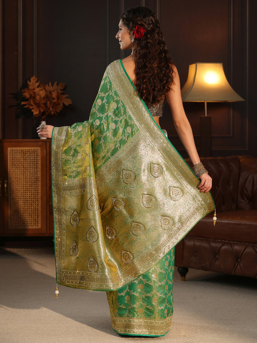 Libas Art Green Floral Woven Design Silk Blend Saree