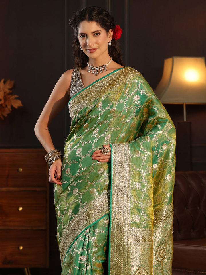 Libas Art Green Floral Woven Design Silk Blend Saree
