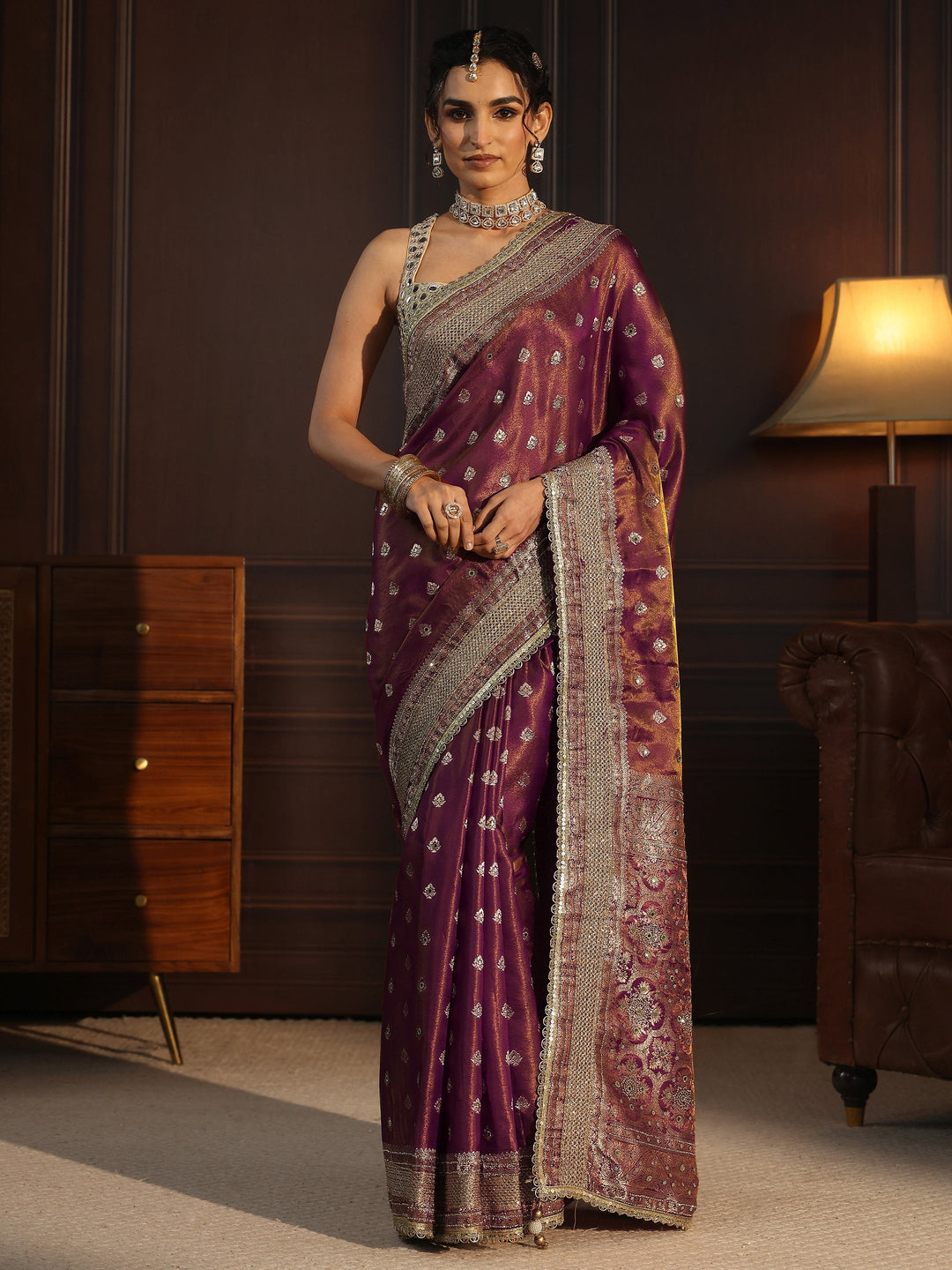 Libas Art Plum Purple Embellished Silk Blend Saree