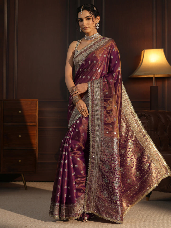 Libas Art Plum Purple Embellished Silk Blend Saree