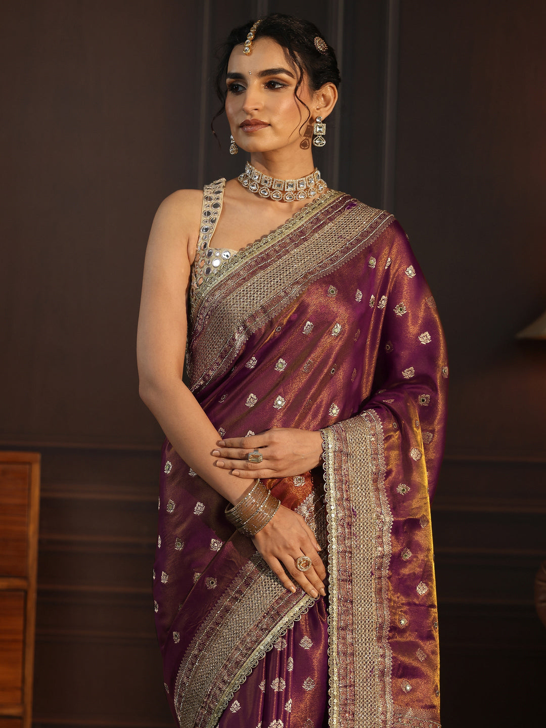 Libas Art Plum Purple Embellished Silk Blend Saree