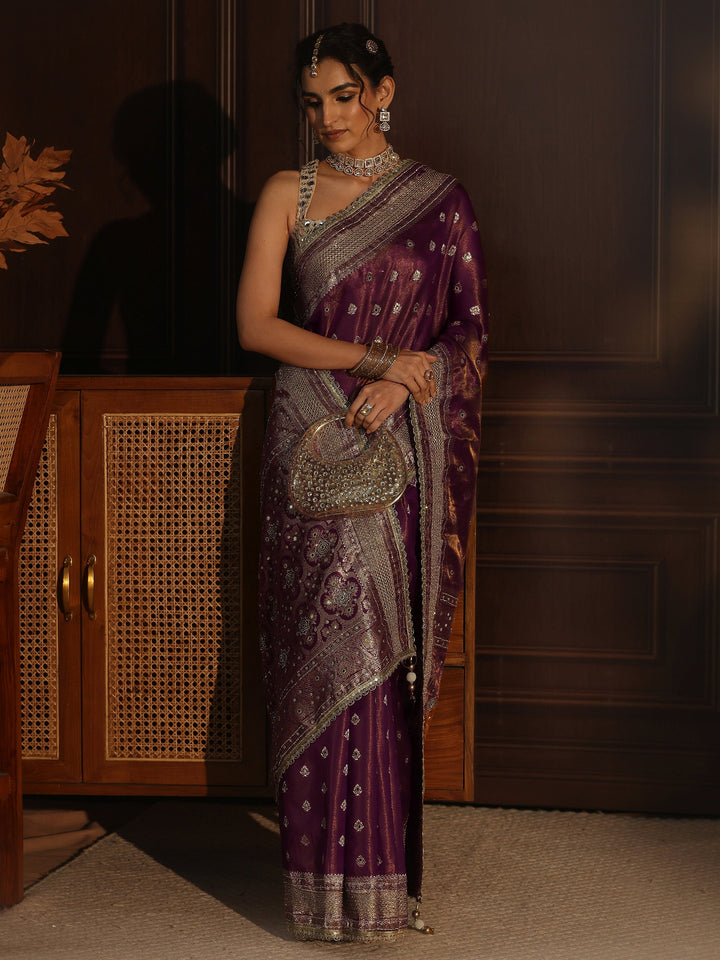 Libas Art Plum Purple Embellished Silk Blend Saree