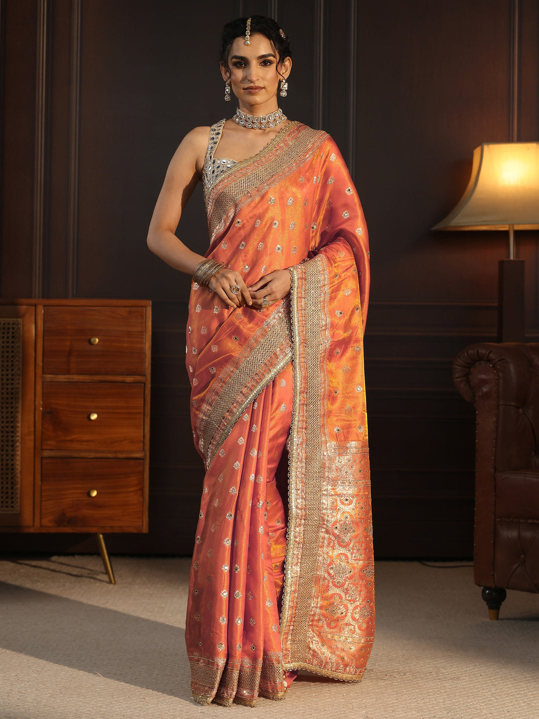 Libas Art Orange Embellished Silk Blend Saree