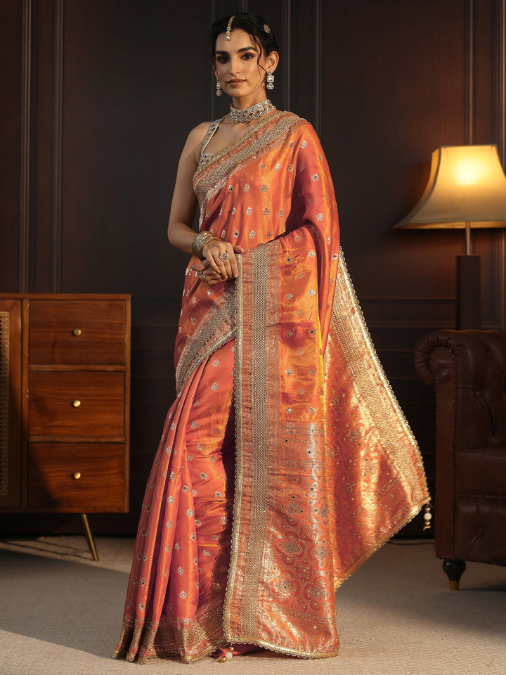 Libas Art Orange Embellished Silk Blend Saree