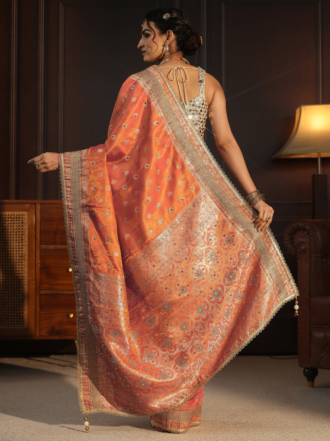 Libas Art Orange Embellished Silk Blend Saree