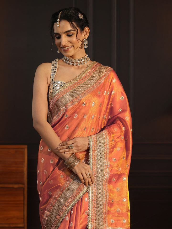 Libas Art Orange Embellished Silk Blend Saree