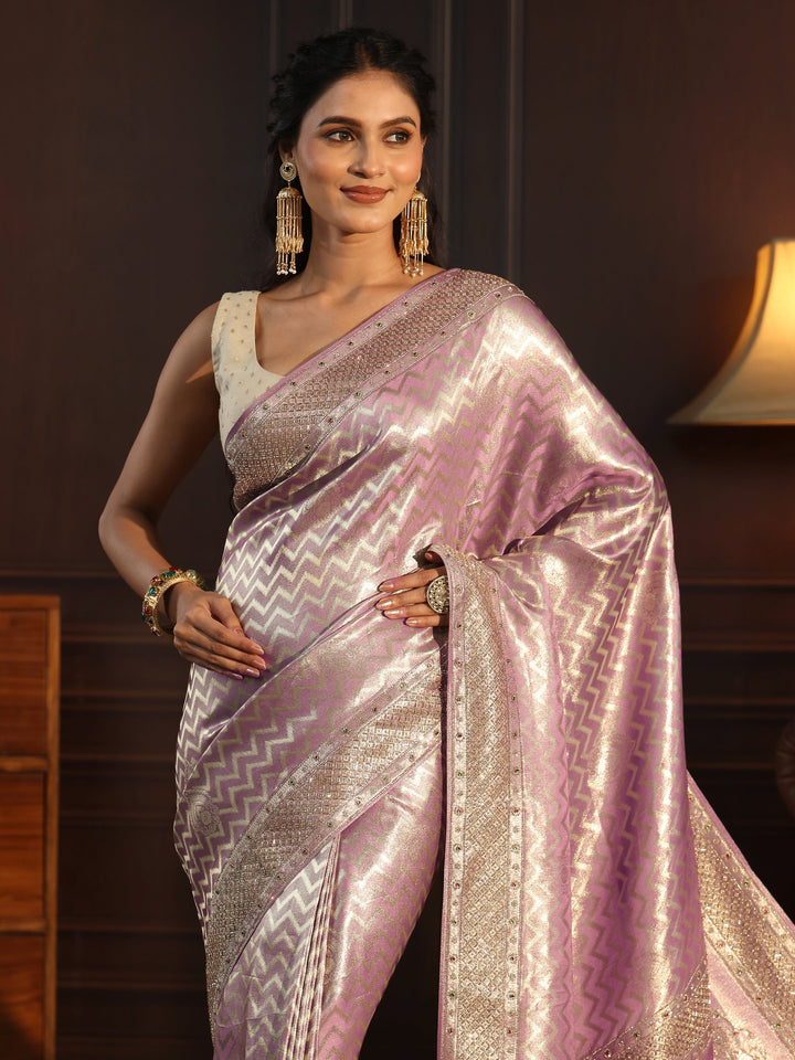 Libas Art Lavender Chevron Woven Design Silk Blend Embellished Saree