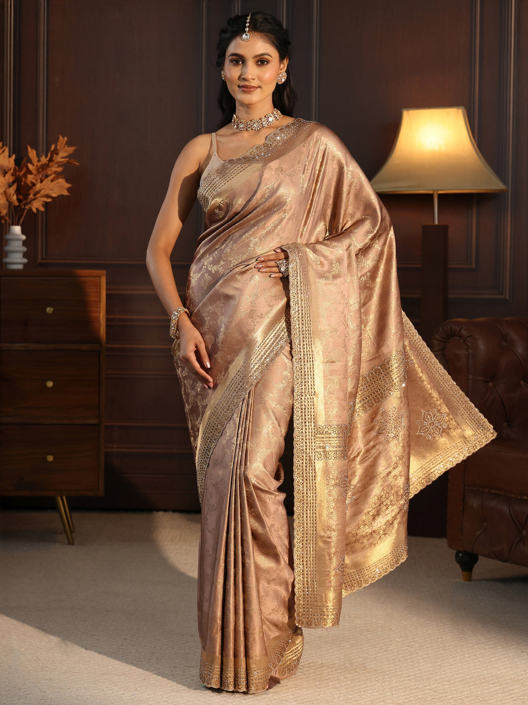 Libas Golden Floral Woven Design Satin Saree