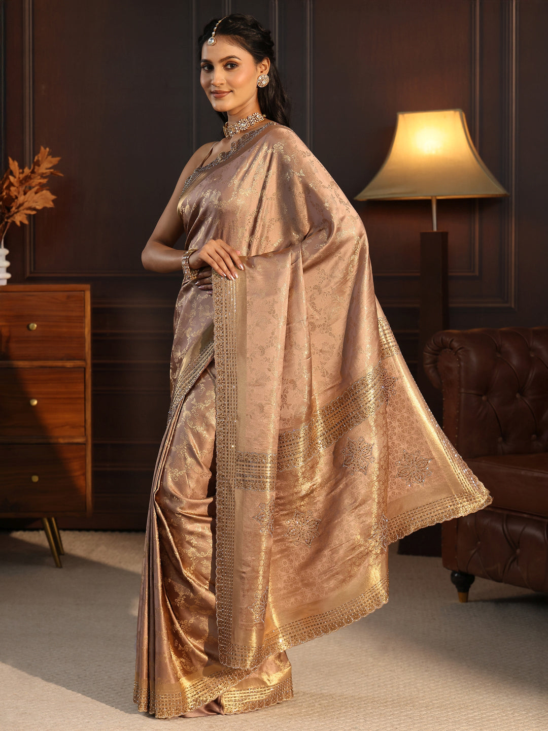 Libas Golden Floral Woven Design Satin Saree